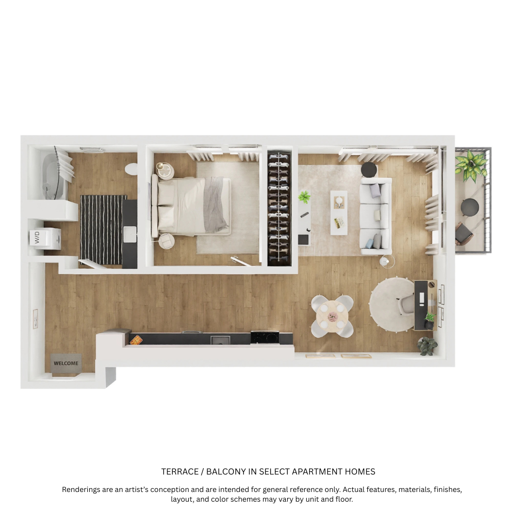 Floor plan for 1 bed, 1 bath, 622 sqft